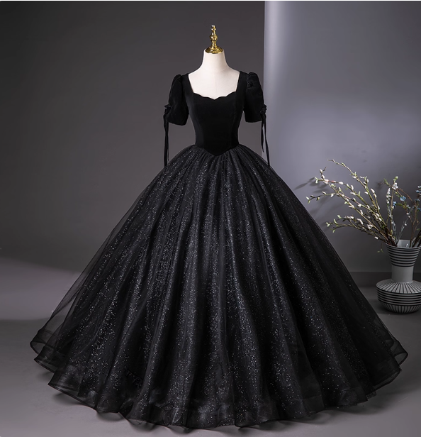 Vintage Black Puff Sleeve Velvet Shimmer Tulle Ball Gown Prom Dresses Sweet 16 Dresses