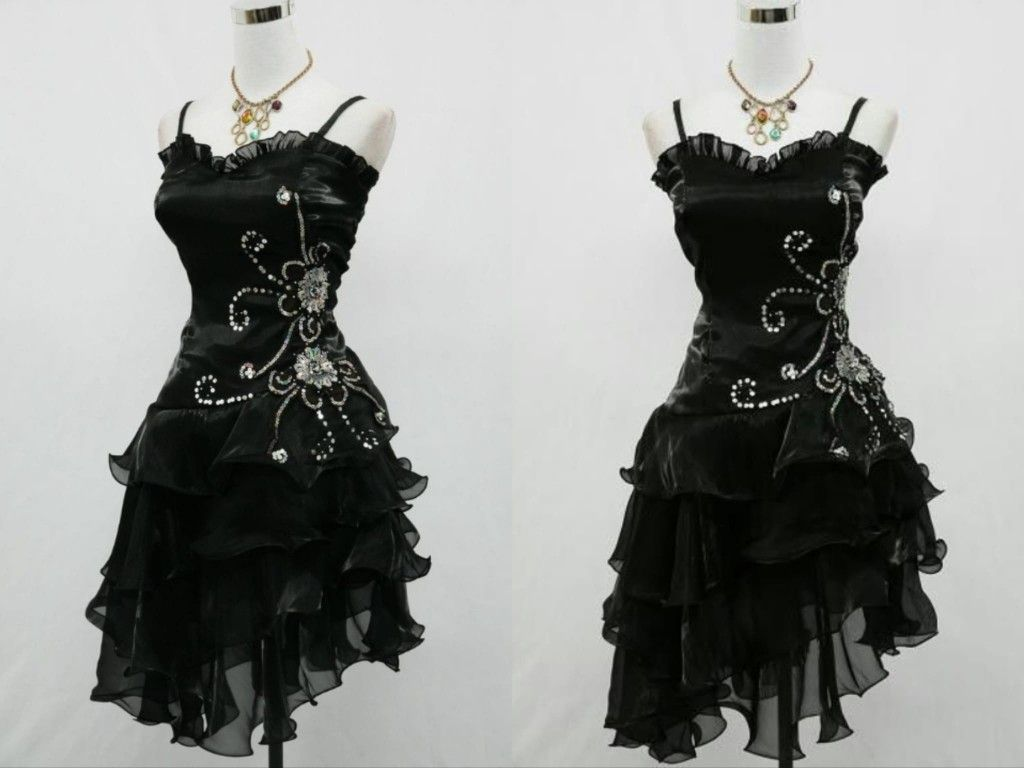 Vintage Black Straps Beaded Formal Evening Dresses Ruffled Homecoming Dresses