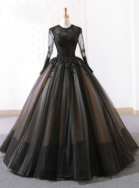 Vintage Black Tulle Lace Long Sleeve Floor Length Wedding Dress Main image