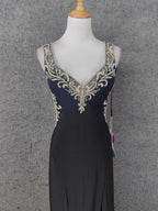 Vintage Black V-Neck Beaded Chiffon Long Formal Prom Dresses