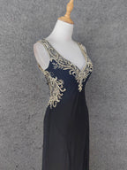 Vintage Black V-Neck Beaded Chiffon Long Formal Prom Dresses