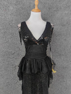 Vintage Black V-Neck Tassel Sequin Tulle Long Formal Prom Dresses