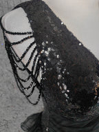 Vintage Black V-Neck Tassel Sequin Tulle Long Formal Prom Dresses