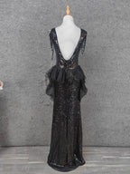 Vintage Black V-Neck Tassel Sequin Tulle Long Formal Prom Dresses
