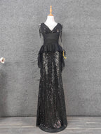 Vintage Black V-Neck Tassel Sequin Tulle Long Formal Prom Dresses