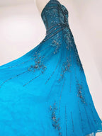 Vintage Blue A-Line Thin Strap Beaded Chiffon Long Formal Prom Dresses