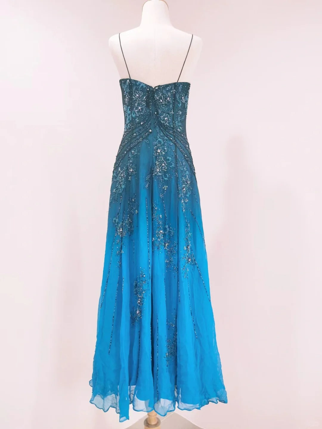 Vintage Blue A-Line Thin Strap Beaded Chiffon Long Formal Prom Dresses