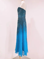 Vintage Blue A-Line Thin Strap Beaded Chiffon Long Formal Prom Dresses