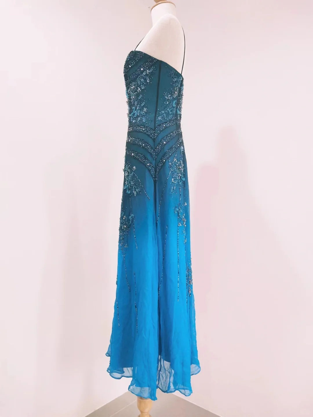 Vintage Blue A-Line Thin Strap Beaded Chiffon Long Formal Prom Dresses