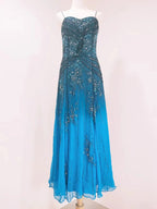 Vintage Blue A-Line Thin Strap Beaded Chiffon Long Formal Prom Dresses