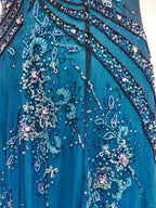 Vintage Blue A-Line Thin Strap Beaded Chiffon Long Formal Prom Dresses