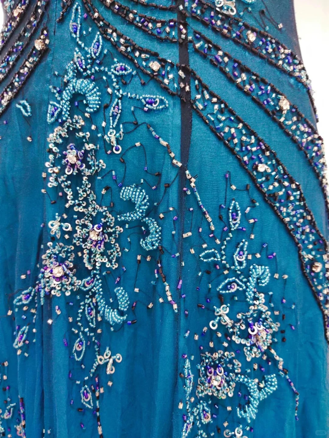Vintage Blue A-Line Thin Strap Beaded Chiffon Long Formal Prom Dresses
