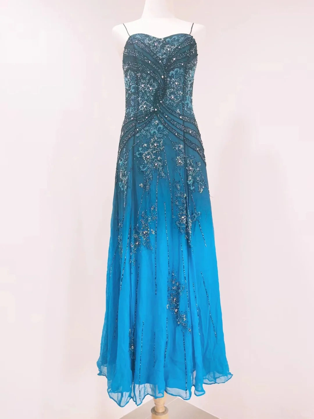 Vintage Blue A-Line Thin Strap Beaded Chiffon Long Formal Prom Dresses Main image