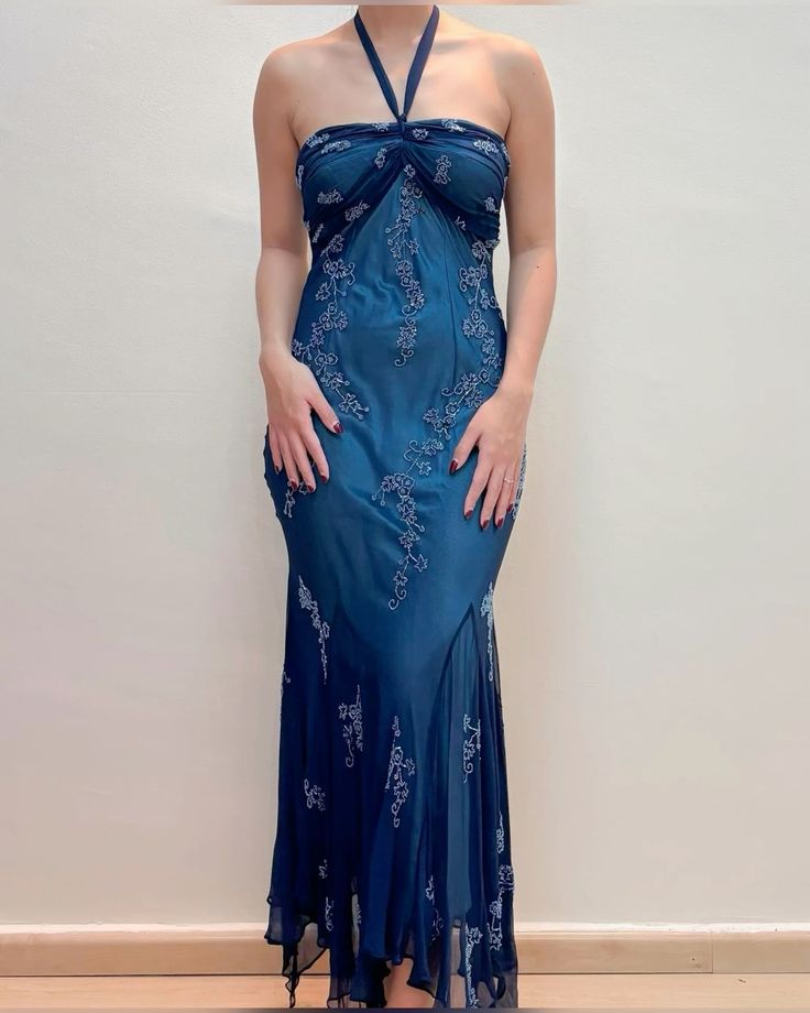 Vintage Blue Chiffon Long Formal Prom Dresses Elegant  Beaded Party Dresses