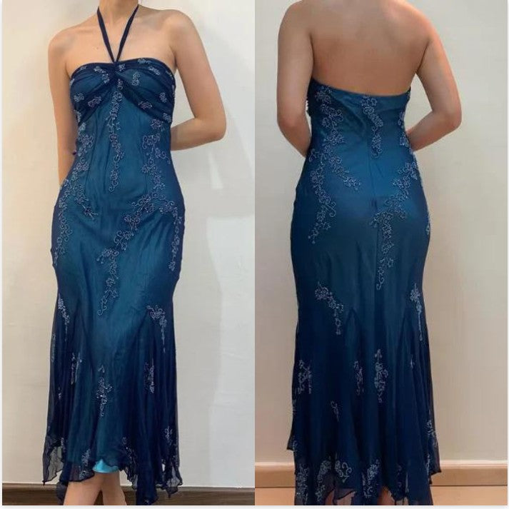 Vintage Blue Chiffon Long Formal Prom Dresses Elegant  Beaded Party Dresses