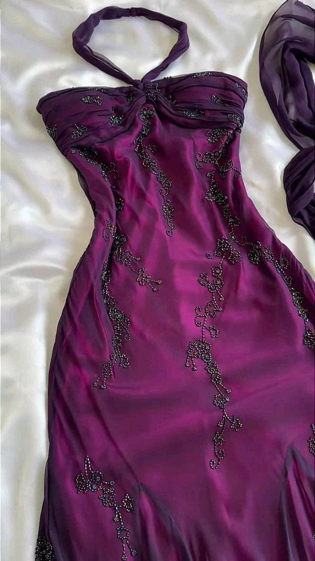 Vintage Blue Chiffon Long Formal Prom Dresses Elegant  Beaded Party Dresses