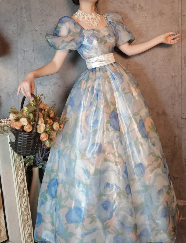Vintage Blue Floral A-Line Square Neck Puff Sleeve Glossy Organza Long Formal Prom Dresses Secondary image