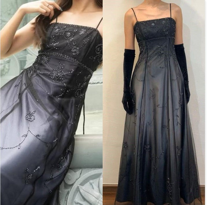 Vintage Blue Gradient Empire Formal Prom Dresses Backless Romantic Beaded Formal Evening Dresses Guest Dresses