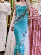 Vintage Blue Mermaid Halter-Neck Ruffled Beaded Chiffon Long Formal Prom Dresses