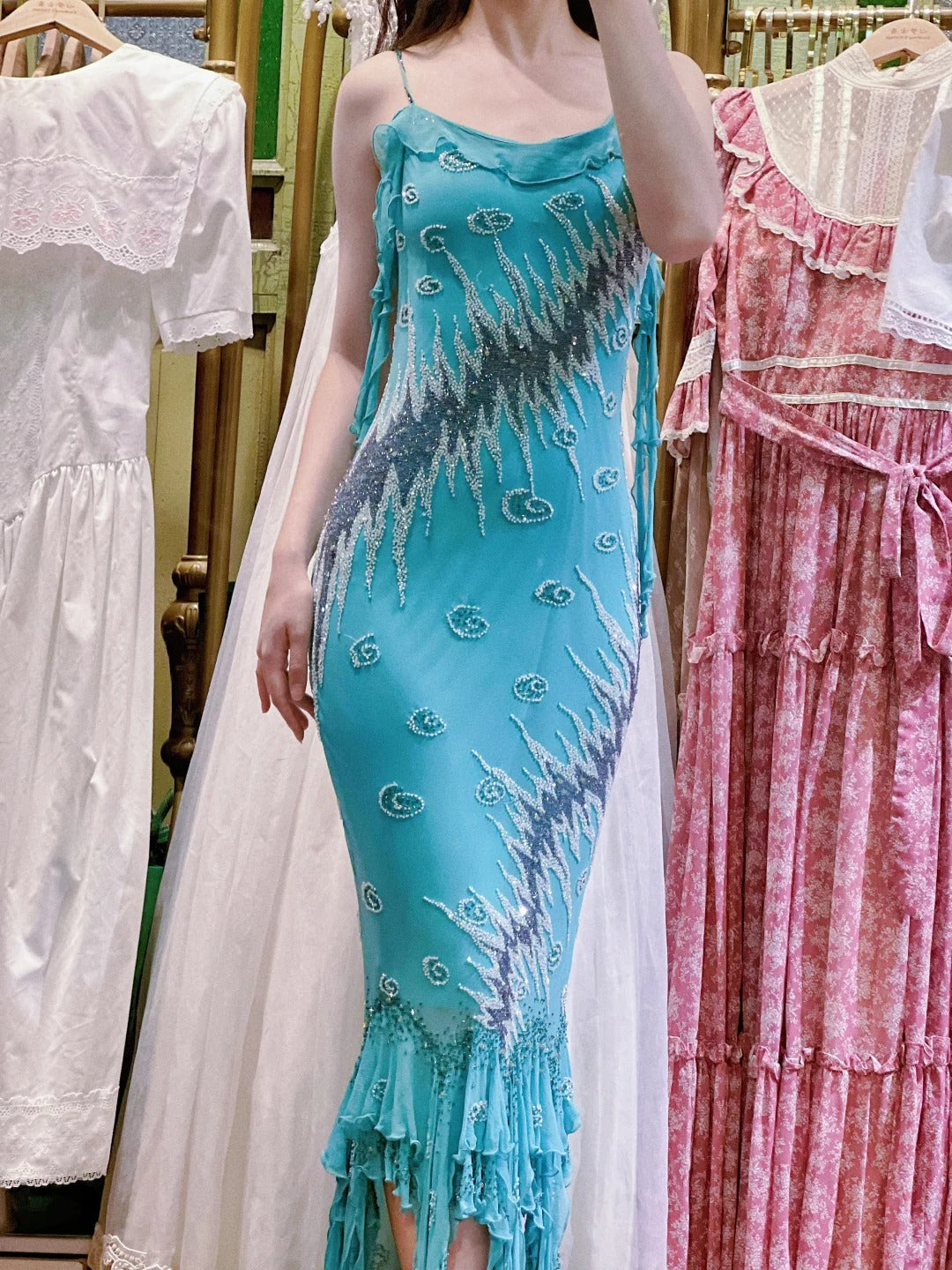Vintage Blue Mermaid Halter-Neck Ruffled Beaded Chiffon Long Formal Prom Dresses Main image