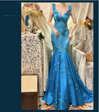 Vintage Blue Satin Beaded Embroidery V-Neck Mermaid Prom Dress