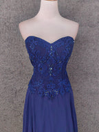 Vintage Blue Sweetheart Neck Embroidered Chiffon Long Formal Prom Dresses