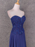 Vintage Blue Sweetheart Neck Embroidered Chiffon Long Formal Prom Dresses