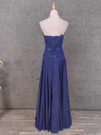 Vintage Blue Sweetheart Neck Embroidered Chiffon Long Formal Prom Dresses