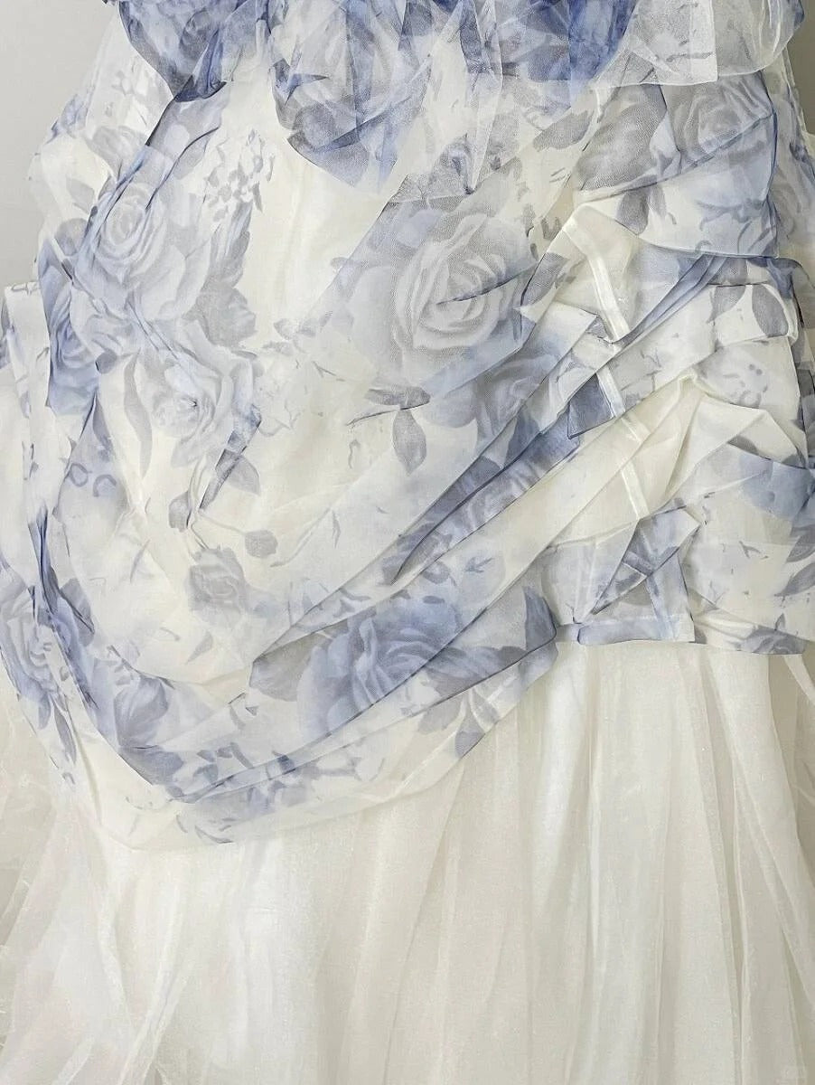 Vintage Blue & White Rose Print Layered Organza Train Prom Dress Sweet 16 Dress Secondary image