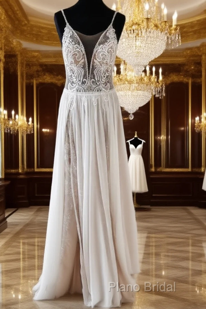 Vintage Boho V Neck Split Wedding Dresses Lace Embroidery Main image