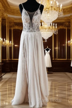 Vintage Boho V Neck Split Wedding Dresses Lace Embroidery