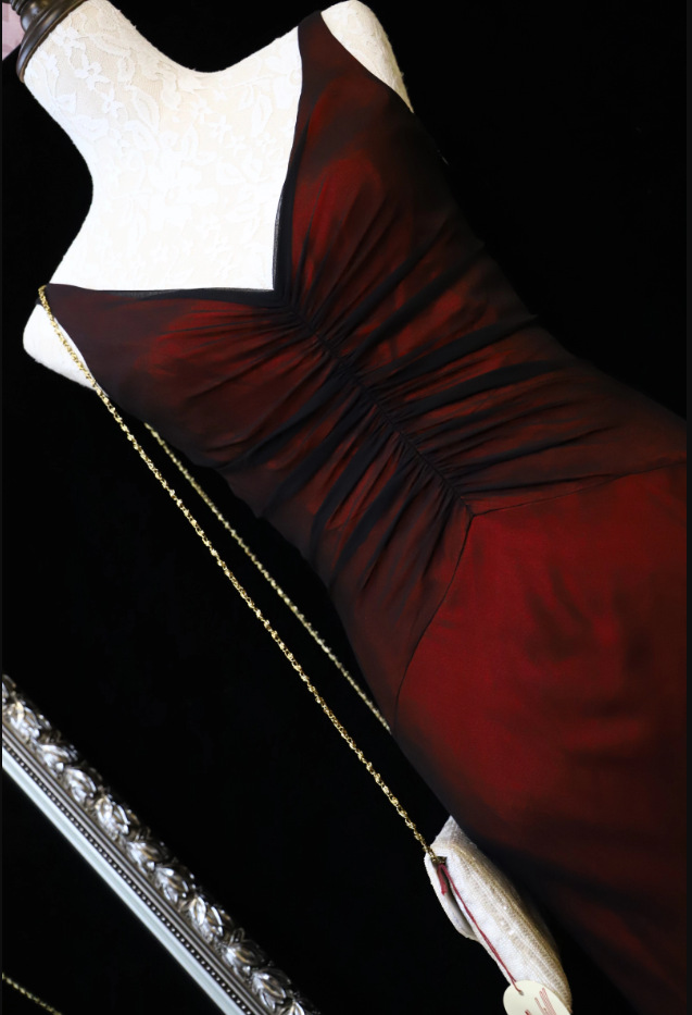 Vintage Bright Burgundy Mermaid V-Neck Ruched Satin Long Formal Prom Dresses