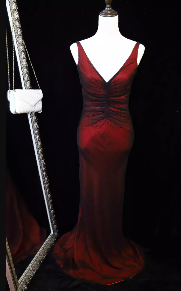 Vintage Bright Burgundy Mermaid V-Neck Ruched Satin Long Formal Prom Dresses Main image