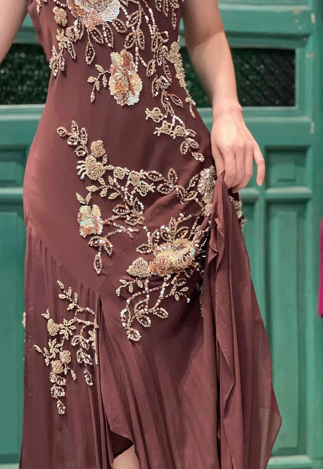 Vintage Brown Irregular Strap Beaded Sequined Formal Prom Dresses