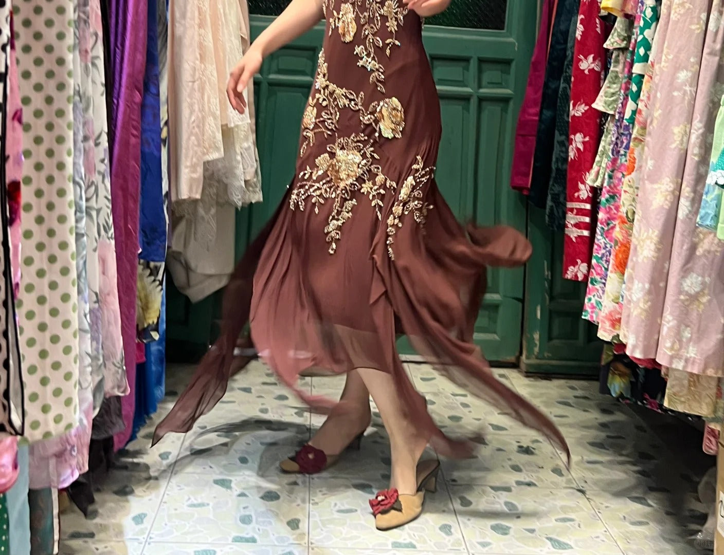 Vintage Brown Irregular Strap Beaded Sequined Formal Prom Dresses