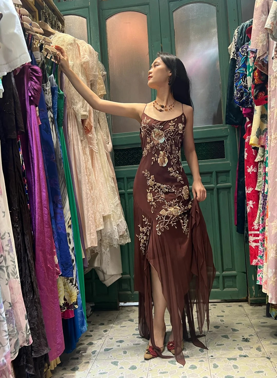 Vintage Brown Irregular Strap Beaded Sequined Formal Prom Dresses Main image