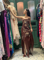 Vintage Brown Irregular Strap Beaded Sequined Formal Prom Dresses
