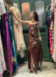 Vintage Brown Irregular Strap Beaded Sequined Formal Prom Dresses