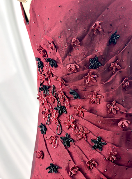 Vintage Burgundy 3D Beaded Flower Square Neck Chiffon Long Formal Prom Dresses