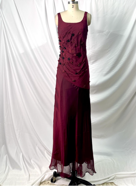 Vintage Burgundy 3D Beaded Flower Square Neck Chiffon Long Formal Prom Dresses
