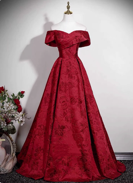 Vintage Burgundy A-Line Off-The-Shoulder Jacquard Satin Long Formal Prom Dresses Secondary image