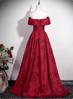 Vintage Burgundy A-Line Off-The-Shoulder Jacquard Satin Long Formal Prom Dresses