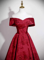 Vintage Burgundy A-Line Off-The-Shoulder Jacquard Satin Long Formal Prom Dresses