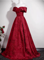Vintage Burgundy A-Line Off-The-Shoulder Jacquard Satin Long Formal Prom Dresses