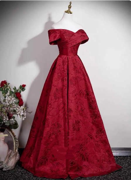 Vintage Burgundy A-Line Off-The-Shoulder Jacquard Satin Long Formal Prom Dresses