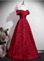 Vintage Burgundy A-Line Off-The-Shoulder Jacquard Satin Long Formal Prom Dresses