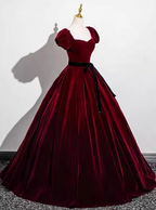 Vintage Burgundy A-Line Puff Sleeve Velvet Long Formal Prom Dresses