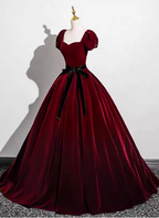 Vintage Burgundy A-Line Puff Sleeve Velvet Long Formal Prom Dresses