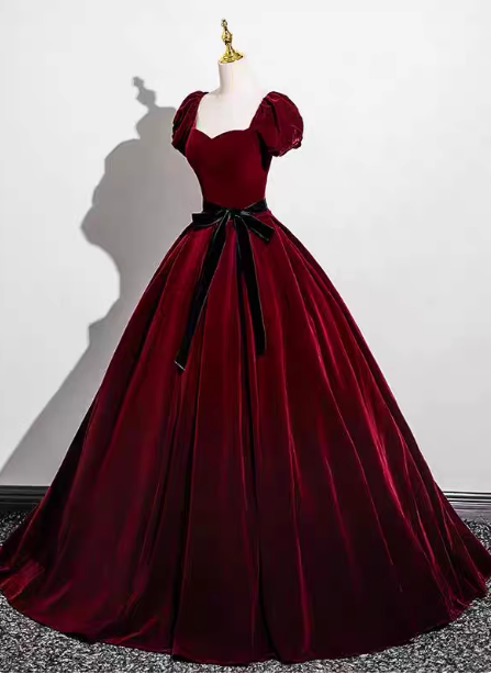 Vintage Burgundy A-Line Puff Sleeve Velvet Long Formal Prom Dresses