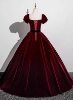 Vintage Burgundy A-Line Puff Sleeve Velvet Long Formal Prom Dresses